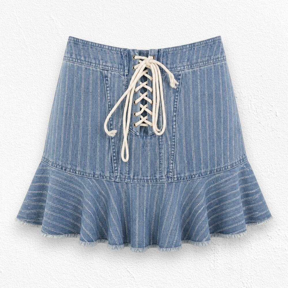 Y2K Free People Lace Up Western Denim Mini Skirt Pinstripe Flounce Hem Size 4